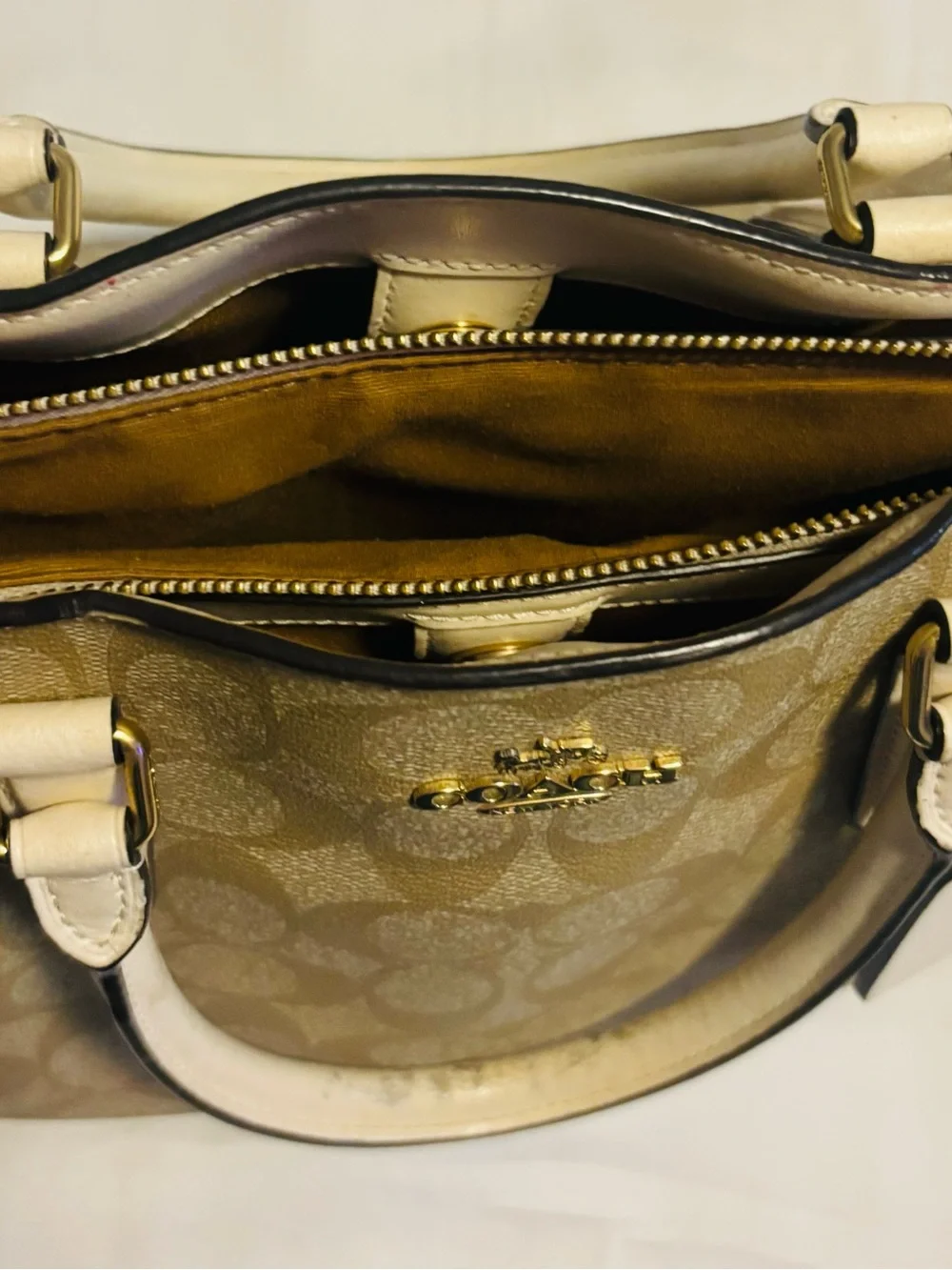 Coach Beige Signature Canvas Satchel with White Trim
